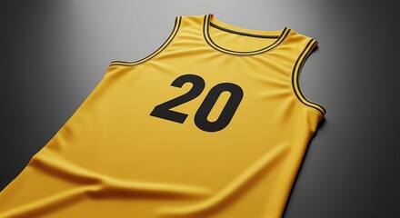 Vibrant yellow sports jersey with black number 20 displayed on a gray surface.