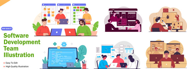 Software Development Team Collaboration Diverse Scenes of Programmers Designers and Testers Working Together on Various Stages of Software Creation
