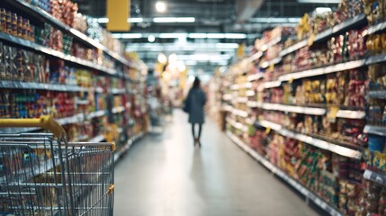 Aisle view in supermarket with shopping cart and blurred background