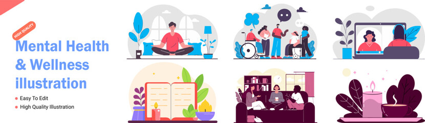 Mental Health and Wellness Illustration A Collection of Scenes Depicting Self Care Support Groups Therapy and Online Connection for Well