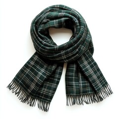 A green and black plaid scarf with fringe edges, neatly rolled and laid flat on a white background.