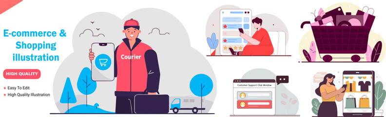 E commerce and Online Shopping Illustration Set Featuring Courier Customer Reviews Shopping Cart Customer Support Chat and Mobile Shopping Application