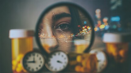 Human face reflected in cracked mirror, dark circles under eyes, surrounded by clocks and pill bottles. Sleep Deprivation Awareness, Hidden Cost of Time Change