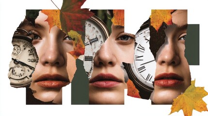 Collage Vision: Conceptual Chaos of Clocks and Seasons in a Time Shift Poster Composition