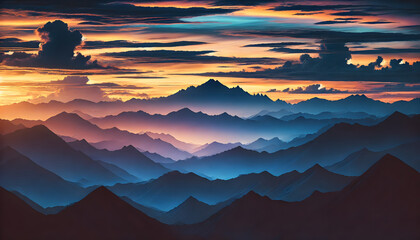 A breathtaking scene of a distant ridge silhouette at sunset, with layers of blue and purple mountains in the background.