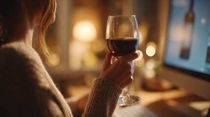 Woman holding glass of red wine in front of computer monitor at night
