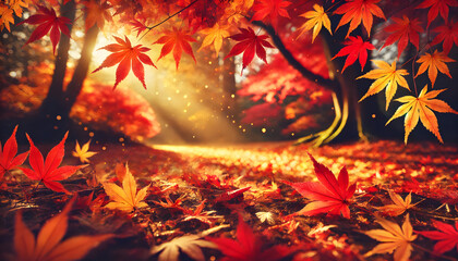 A beautiful autumn scene with maple leaves scattered across the ground, capturing the vibrant colors of fall.