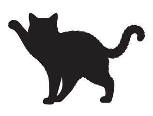 Alert cat with raised paw and arched tail, silhouette on white background