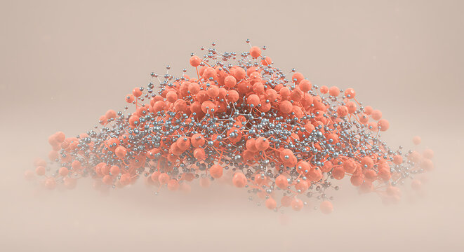 Stunning atom model representing science innovation and technology advancements in vivid coral and silver