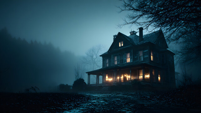 Old, eerie haunted house with glowing windows and cobwebs.", copy space for text, focus cover all object, deep dept of field