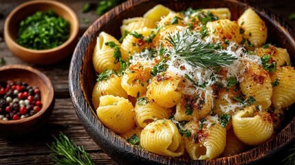 A wooden bowl of pasta, topped with grated cheese, fresh herbs, and spices