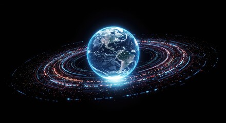 Glowing Earth Encircled by Futuristic Data Streams: A 3D Render of Global Connectivity