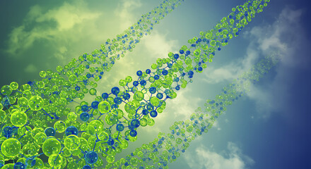Stunning molecular structure floats against a beautiful sky backdrop for a modern science concept
