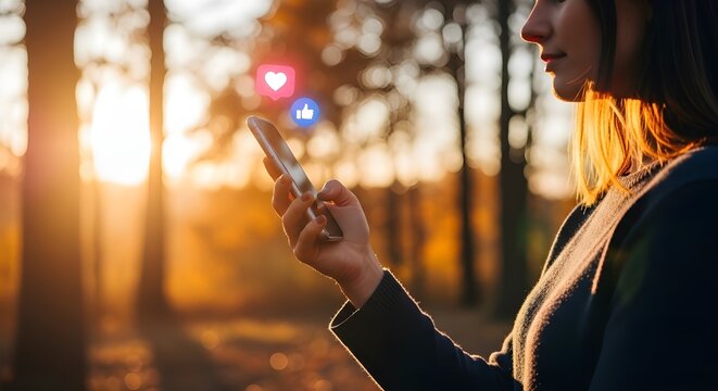 Woman Using Smartphone With Social Media Icons In Nature - Powered by Adobe
