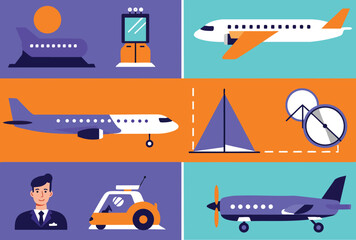 Fototapeta premium Flat Design Illustration Set of Civil Aviation and Airport Elements