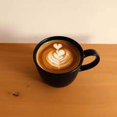 Minimalist black coffee cup with intricate latte art on top in soft natural light  