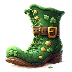 Green boot adorned with shamrocks and decorative buttons.