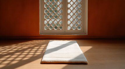 A sunlit prayer rug lies on a wooden floor beneath a lattice window casting patterned shadows in a minimal, warm-toned room.