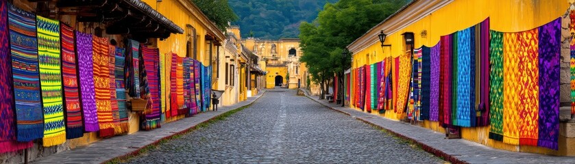 Vibrant Textile Displays Against Colorful Colonial Streets