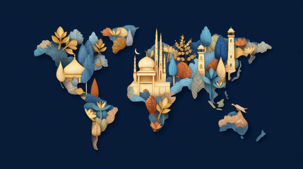 A stylized world map featuring iconic landmarks and foliage in blue, gold, and orange tones on a dark background.