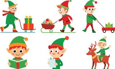 Vector art of collection of cute christmas elves in various festive activities, isolated on a transparent background