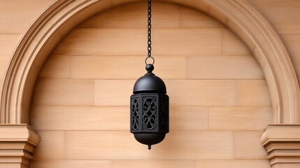 A black ornamental lantern hangs from a chain within a rounded arch against a tan brick wall.