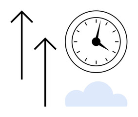 Clock with minute and hour hands, three upward arrows, floating cloud. Ideal for productivity, goal achievement, career growth, time tracking, planning motivation success. Simple flat metaphor