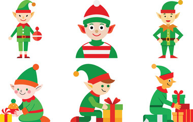 Vector art of group of adorable christmas elves preparing gifts and treats, isolated on a transparent background