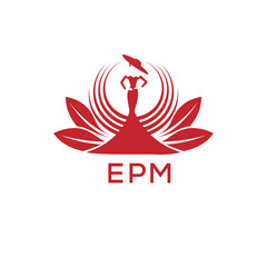 EPM Letter Logo. EPM Fashion Logo with Elegant Woman Silhouette, Hat, and Leaf Motif  Boutique, Beauty, or Event Branding Design.
