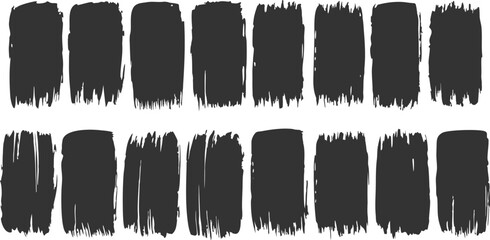 Set of paint brush strokes collection isolated on white background. Ink splatters, grungy painted lines, artistic design elements: waves, circles, triangles. Vector paintbrush set