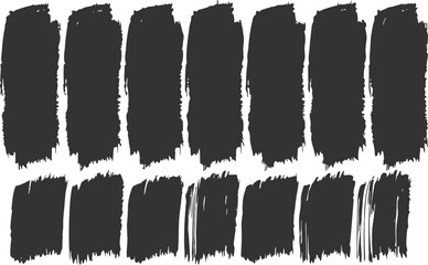 Set of paint brush strokes collection isolated on white background. Ink splatters, grungy painted lines, artistic design elements: waves, circles, triangles. Vector paintbrush set