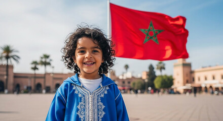 Happy Moroccan Boy and Flag Expressing National Pride and Joy Fast Stock Photos
