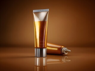 Shiny metallic shoe polish tube on seamless gradient surface, reflective packaging, professional product photo for commercial use.