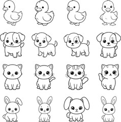 Fototapeta premium Charming Pet and Baby Bird Outlines: Duck, Puppy, Kitten, Bunny