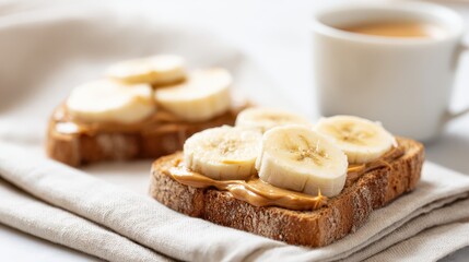 Delicious peanut butter and banana toast with coffee for breakfast