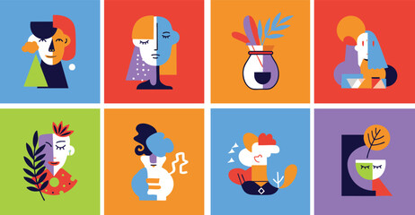 Fototapeta premium Flat Design Illustration Set Abstract Artistic Human Faces and Vases