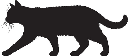 silhouette of a cat walking stealthily, side profile, on plain white background