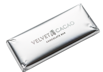 Silver chocolate bar wrapper with the brand name Velvet Cacao prominently displayed. The background is transparent, highlighting the product's sleek design.