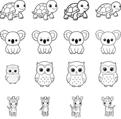 Fototapeta premium Charming Wildlife Outlines: Turtle, Koala, Owl, Zebra Illustrations