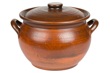 Vintage Clay Cooking Pot with Lid and Side Handles, isolated on transparent background