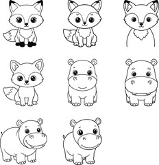 Obraz premium Adorable Forest & Water Animals: Cute Fox and Hippo Outlines