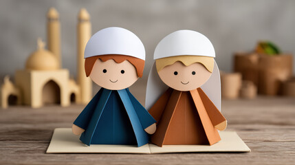Two handcrafted paper figures dressed in traditional Middle Eastern attire stand on a table with blurred architectural models in the background.