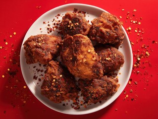 Top-down view of crispy boneless fried chicken pieces with black pepper flakes on white plate and vibrant red background, professional food photography for advertising, menus, blogs and editorial use