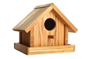 Rustic Wooden Birdhouse with Slanted Roof, isolated on transparent background