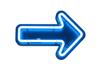 A bright blue neon arrow pointing to the right on a transparent background. The arrow has a glowing effect, emphasizing direction and movement.