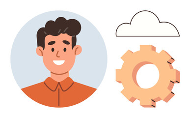 Smiling individual portrait next to gear and cloud elements representing technology, creativity, teamwork, productivity, ideas, innovation, and digital concepts. Ideal for digital connection, simple