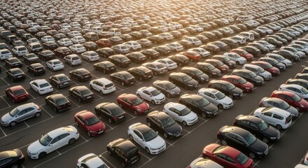 Aerial View of a Vast Car Parking Lot at Sunset, Rows of New Vehicles