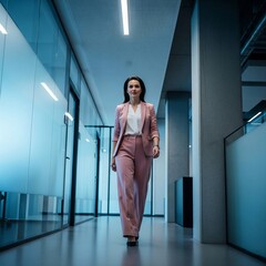 Female Executive Walking with Confidence in Office Hallway