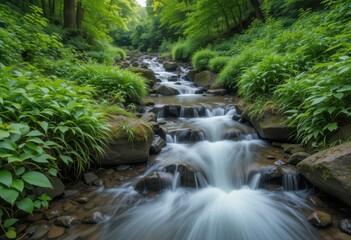 Close up Stream Flowing Over Rocks in Lush Green Landscape