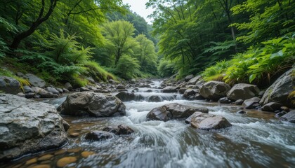 Fototapeta premium Close up Stream Flowing Over Rocks in Lush Green Landscape